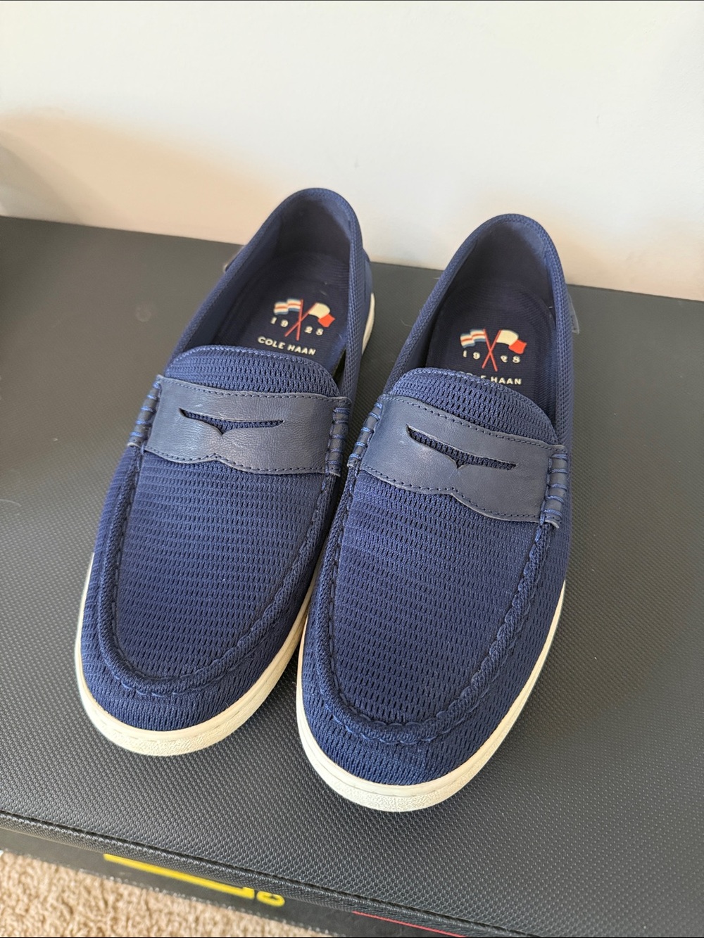 Cole Haan Navy Knit Slip-On Loafers with White Sole